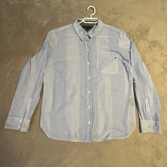 Tommy Hilfiger Button-Up Shirt Women's Large White Blue Stripe Preppy Nautical - Picture 1 of 11
